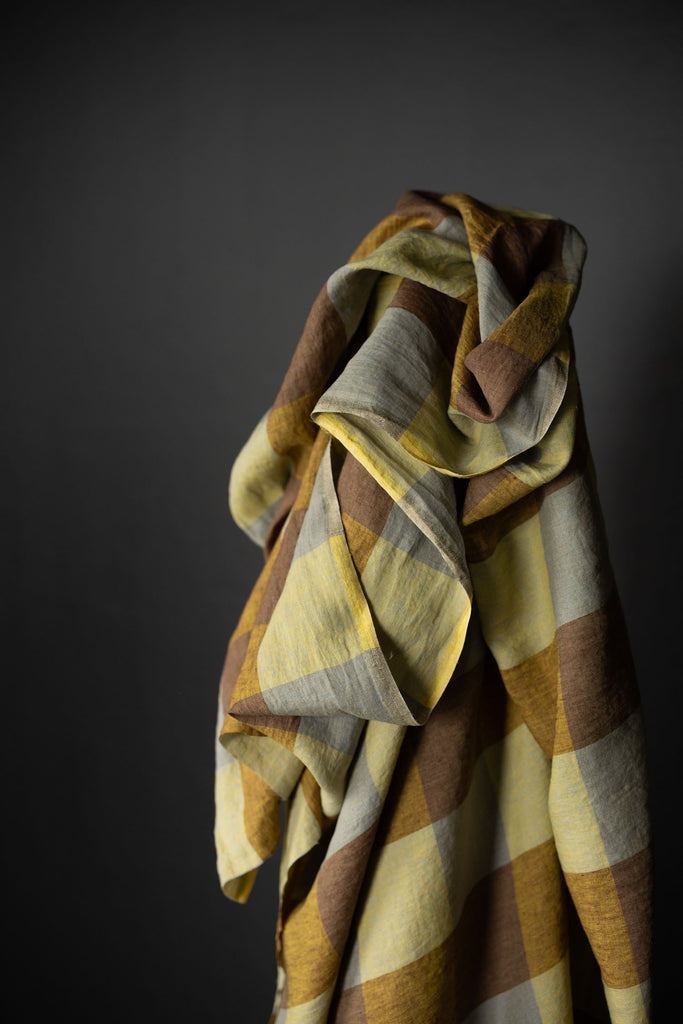 Hay Bale Blues Laundered Linen Check Fabric-Fabric-Frankie Rose Fabrics