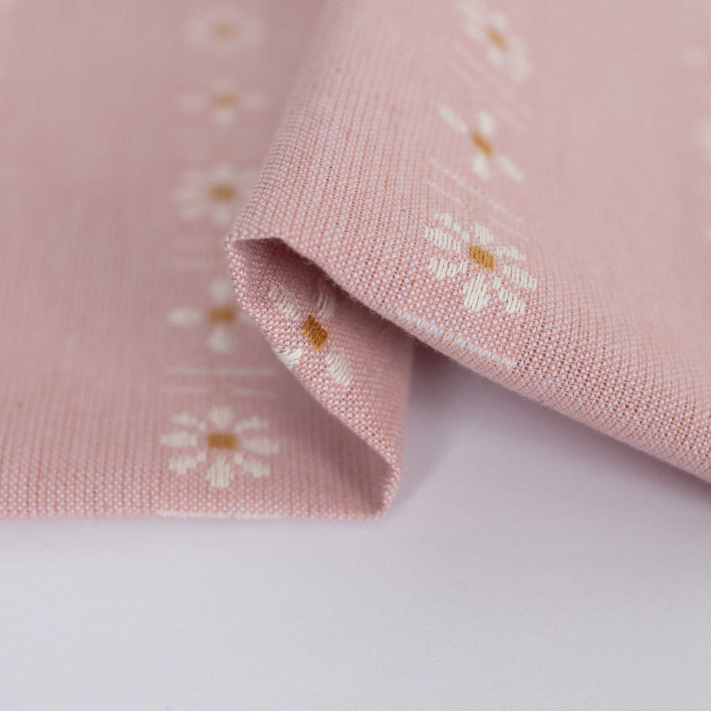 a close up of a pink fabric with flowers on it