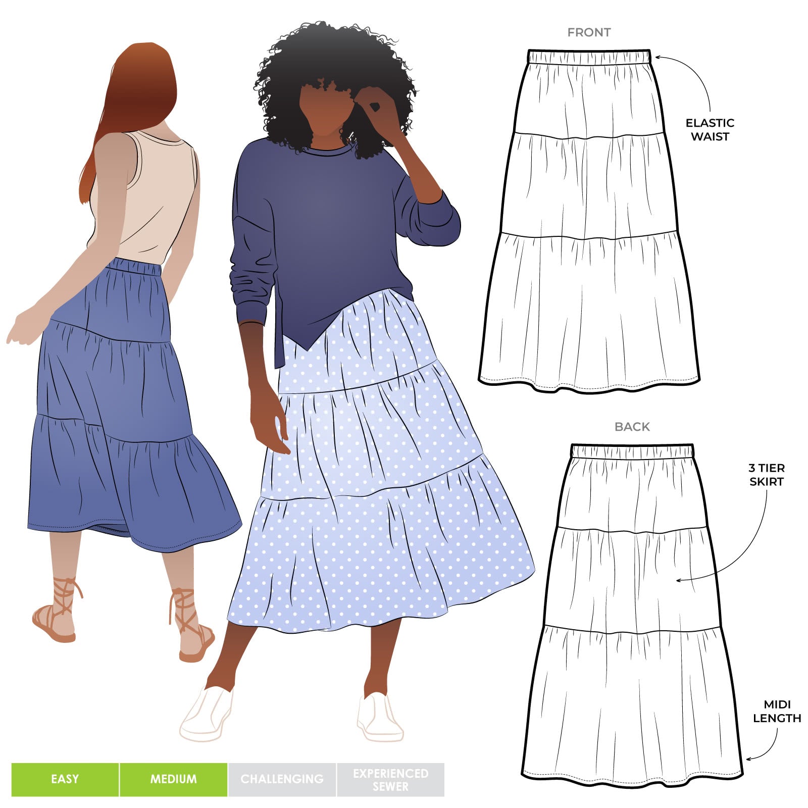 Elastic Waist Tiered Skirt Free Pattern Midi Flare Tiered Skirt
