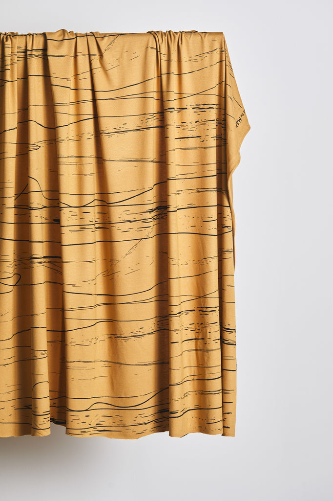 Viscose Stretch Jersey in Stray Lines Dry Mustard-Fabric-Frankie Rose Fabrics