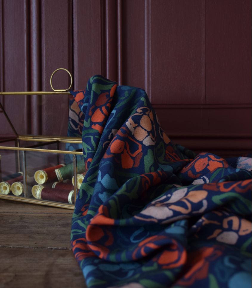 French Viscose Challis in Roseraie Midnight-Fabric-Frankie Rose Fabrics