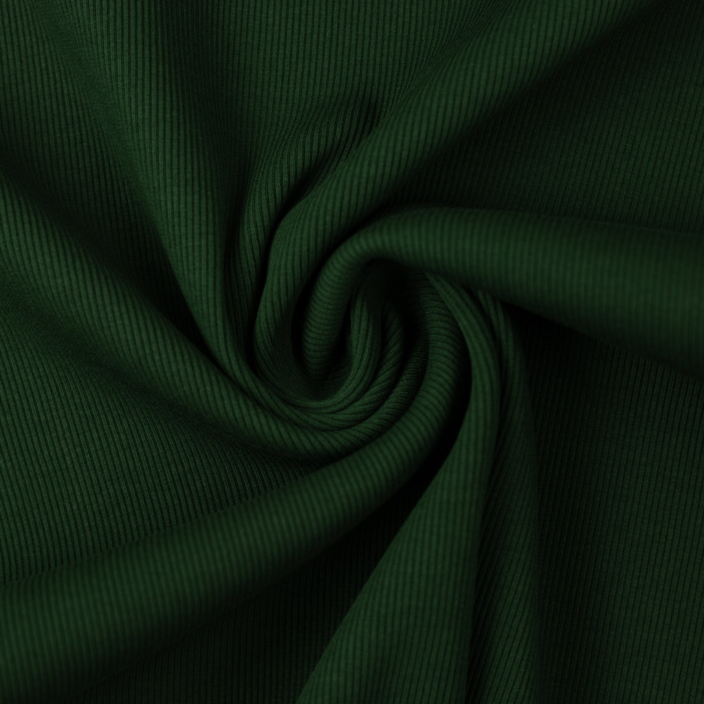 Green rib knit fabric gathered into a swirl.