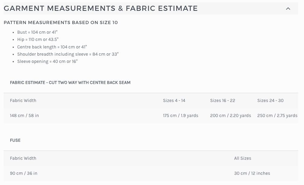 a screen shot of a website listing for a fabric store