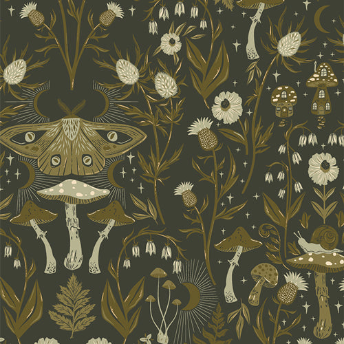 Close up of cotton flannel fabric with mushrooms, moths, snails, and plants on a dark green background.