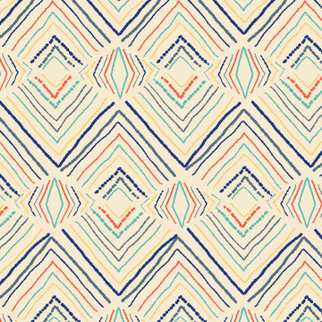 Art Gallery cotton jersey knit fabric in cream with v-shaped colorful lines.