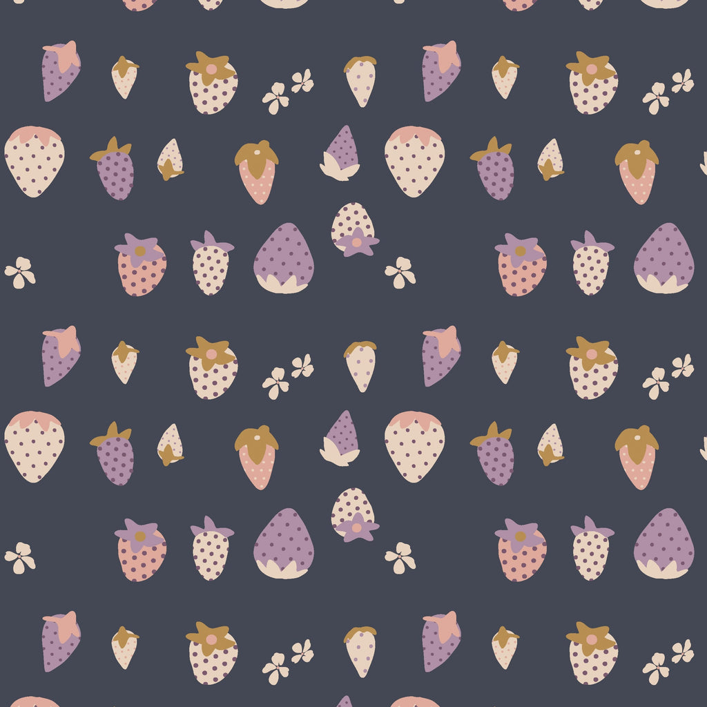 Detail of Art Gallery knit jersey fabric with pink and purple strawberries on a navy background.