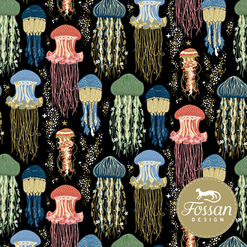 Swimsuit fabric by Fossan Designs with colorful jellyfish and stars on a black background.