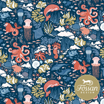 Swimsuit and sport fabric from Swedish Fossan Designs. Blue background with octopus, narwhals, seahorses, jellyfish, and shells.