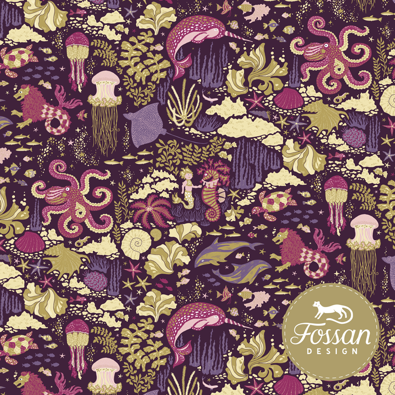 Swimsuit and sport fabric from Swedish Fossan Designs. Purple background with octopus, narwhals, seahorses, jellyfish, and shells.