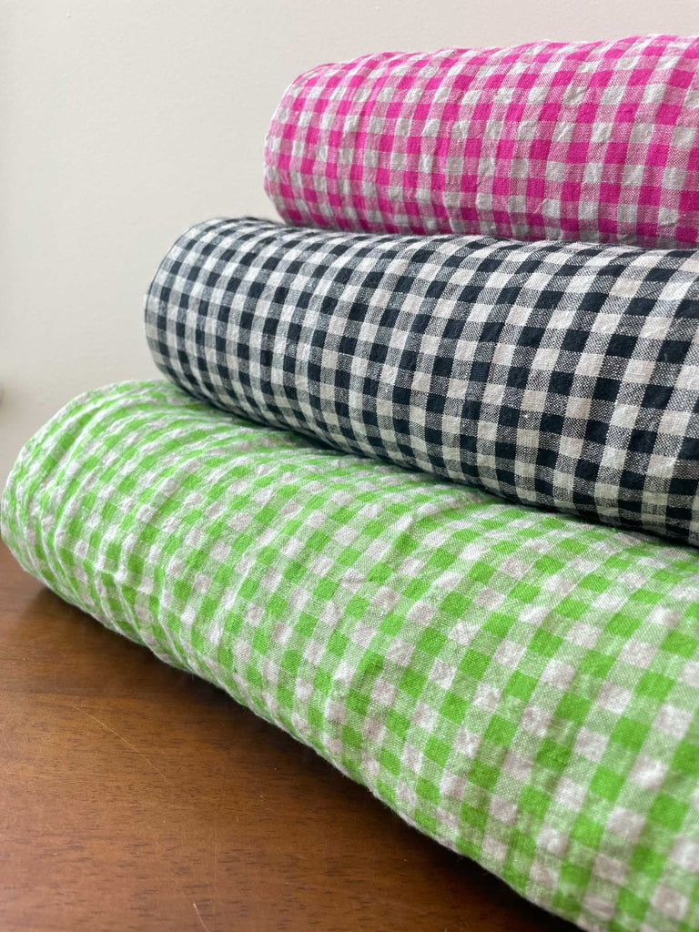 Linen Gingham Fabric in Bright Lime | Frankie Rose Fabrics